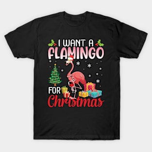 Drinking Wine Snow Tree I Want A Flamingo For Christmas Day T-Shirt